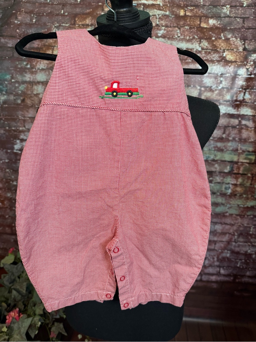 Red Gingham Baby One-Piece with Embroidered Truck